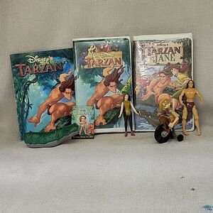 Disney Tarzan and Tarzan & Jane vhs movies, Tarzan figure,book other figures